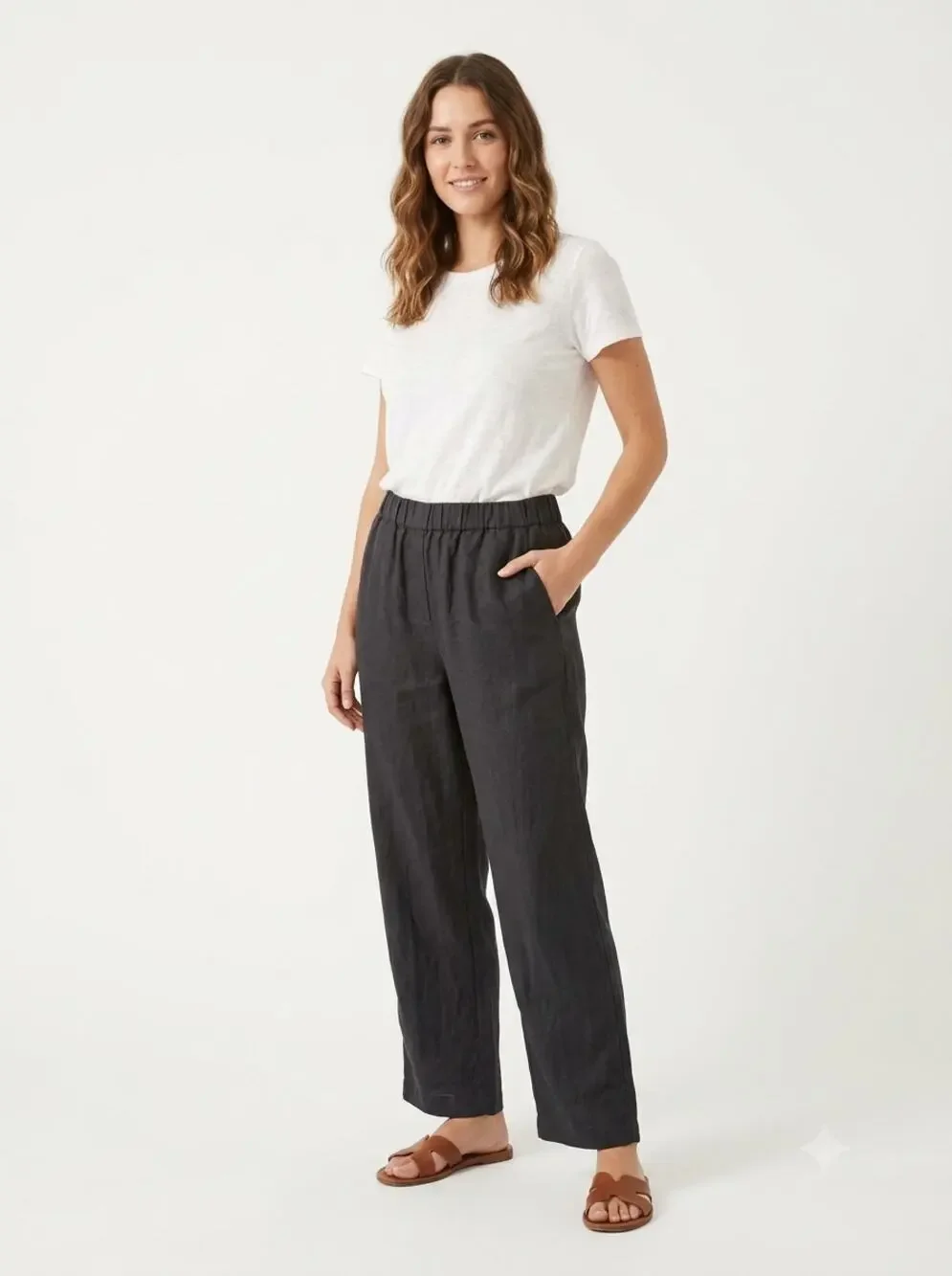 NWT Quince European Ankle Pants Womens M Black Linen Wide Leg Relaxed Pull On